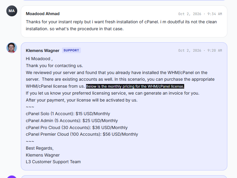 Support price list for cPanel licences, 2 October