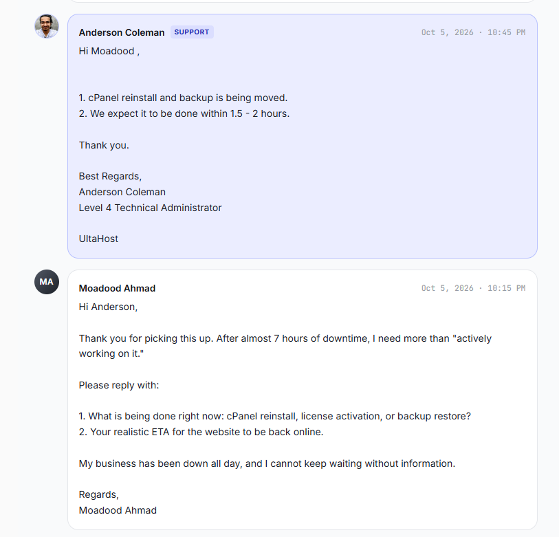 Technical administrator estimate at 10:45 PM and my 10:15 PM message on 5 October