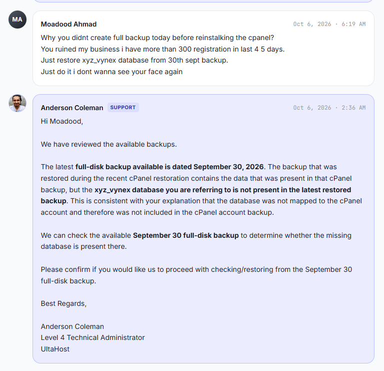 UltaHost's 2:36 AM finding that the September 30 full-disk backup is the latest available