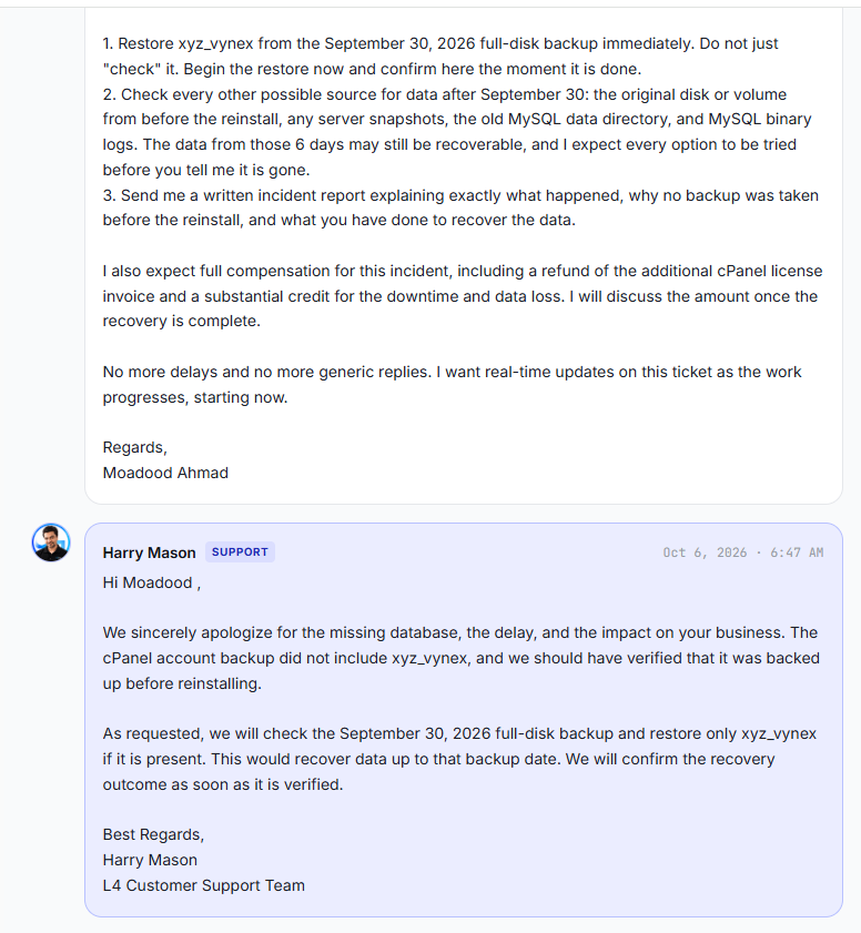 Support agent's 6:47 AM reply on 6 October