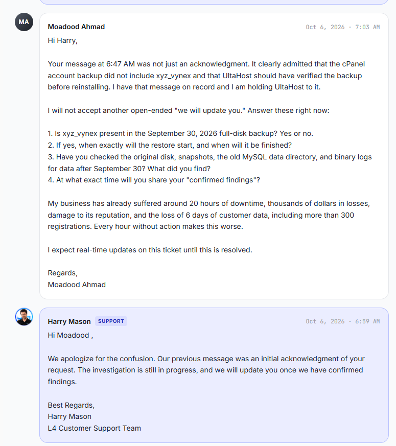 Support says the 6:47 AM message was an acknowledgment, 6:59 AM and 7:03 AM