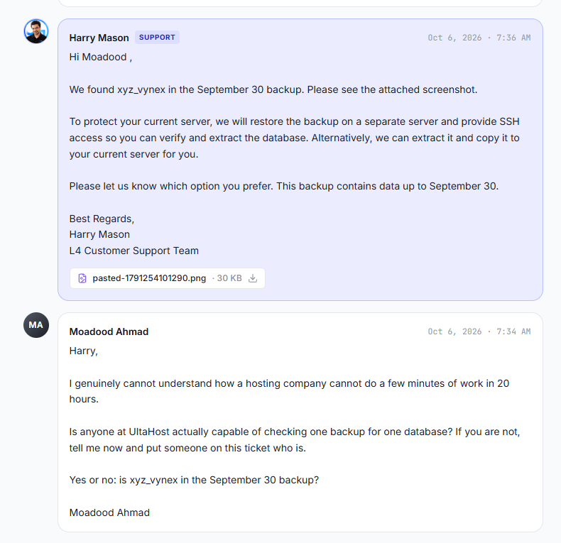 Support confirms xyz_vynex is in the September 30 backup at 7:36 AM