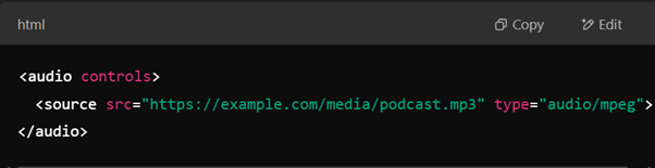 For audio files, use the <audio> tag